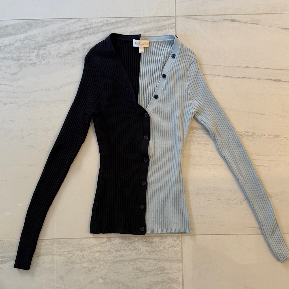 Ronny Kobo Blue Ribbed Cardigan Sweater XS